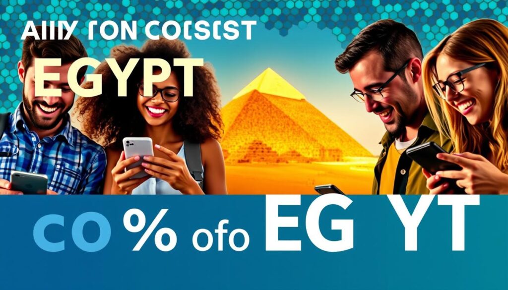 A vibrant travel advertisement showcasing discounted airline tickets to Egypt. In the foreground, a group of diverse travelers excitedly examining their mobile devices, their expressions animated with the prospect of an affordable getaway. In the middle ground, a striking image of the iconic Pyramids of Giza, illuminated by warm, golden lighting that evokes the allure of the ancient wonder. The background features a stylized mosaic pattern in shades of blue and turquoise, evoking the rich cultural heritage of the destination. The overall composition conveys a sense of adventure, value, and the enticing opportunity to explore the wonders of Egypt at a discounted price.