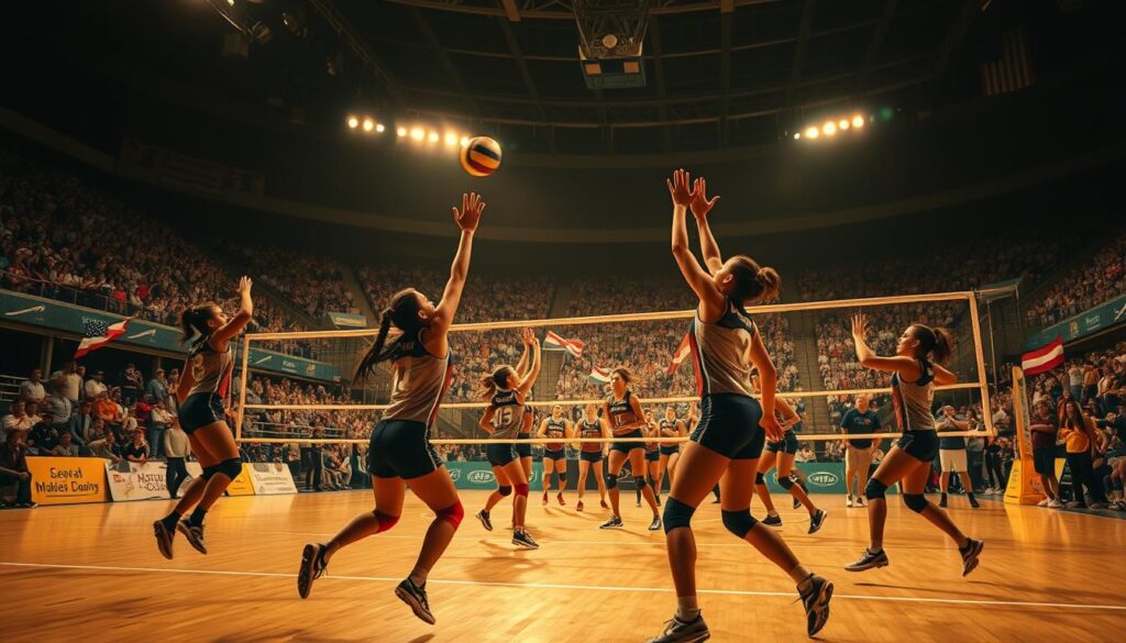 A volleyball match in 2025, a dynamic scene of athletes in mid-action, captured with a wide-angle lens and dramatic lighting. The court is bathed in golden hues, shadows casting a moody atmosphere. In the foreground, players leap and spike the ball, bodies twisting with athletic grace. The middle ground features the opposing teams battling intensely, their expressions focused and determined. In the background, a packed stadium of spectators cheers and waves national flags, creating an electric energy. The camera angle is low, emphasizing the power and physicality of the sport. An exhilarating display of the future of international volleyball friendlies.