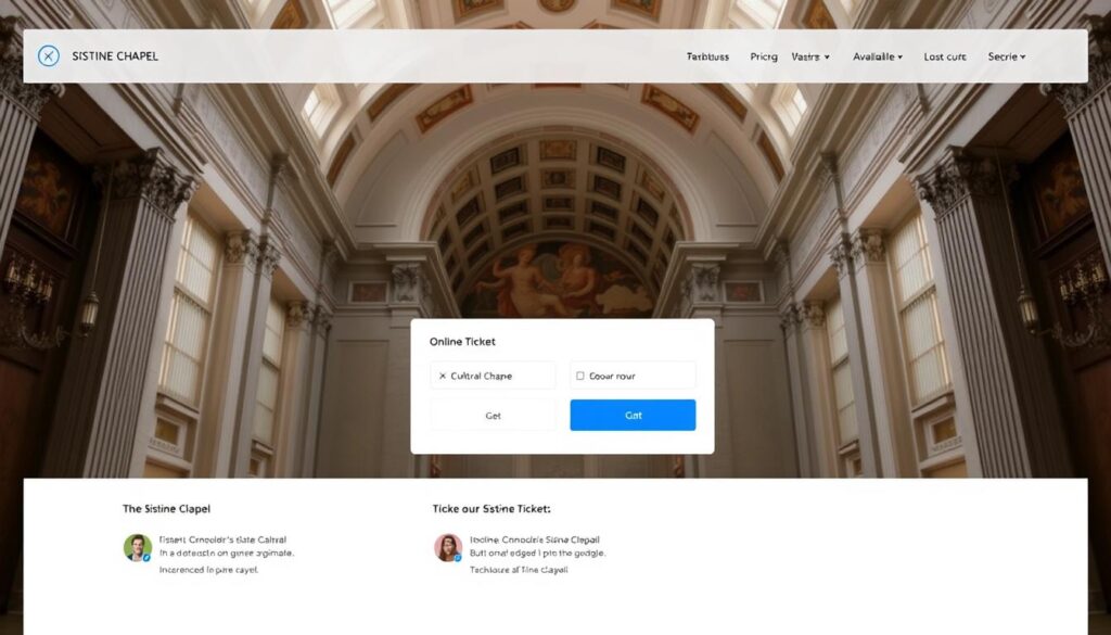 A website interface displaying online ticket purchasing options for the Sistine Chapel in the Vatican, featuring a clean, modern layout with prominent call-to-action buttons, intuitive navigation, and detailed information about ticket types, pricing, and availability. The design should convey a sense of anticipation and cultural significance, complemented by subtle architectural elements that evoke the grandeur of the Chapel's Renaissance-era aesthetics. The lighting should be soft and natural, creating a welcoming atmosphere that encourages users to easily explore and secure their tickets for this iconic cultural destination.
