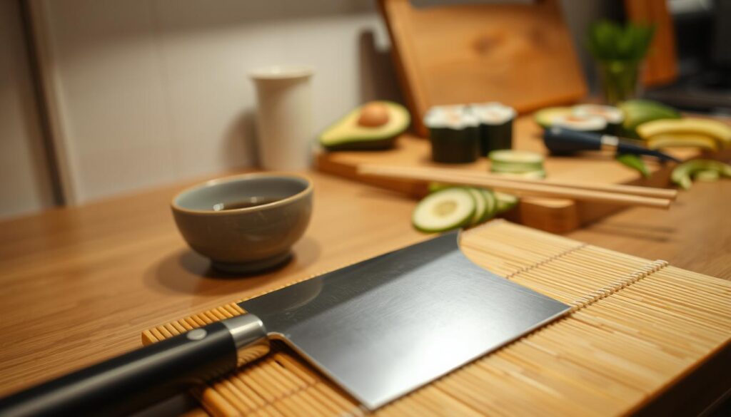 A well-equipped kitchen counter, bathed in warm, soft lighting, showcases a carefully curated collection of sushi-making tools. In the foreground, a sharp, high-quality knife rests alongside a bamboo sushi mat, ready to slice and shape the perfect rolls. In the middle ground, a ceramic soy sauce dish and a delicate set of chopsticks create an authentic Japanese ambiance. In the background, a wooden cutting board and a selection of fresh, vibrant ingredients, such as nori sheets, avocado, and thinly sliced cucumber, hint at the culinary masterpieces soon to be crafted. The overall scene exudes a sense of culinary precision and dedication, inviting the viewer to imagine the delightful sushi creations that can be brought to life in this well-equipped kitchen. A well-equipped kitchen counter, bathed in warm, soft lighting, showcases a carefully curated collection of sushi-making tools. In the foreground, a sharp, high-quality knife rests alongside a bamboo sushi mat, ready to slice and shape the perfect rolls. In the middle ground, a ceramic soy sauce dish and a delicate set of chopsticks create an authentic Japanese ambiance. In the background, a wooden cutting board and a selection of fresh, vibrant ingredients, such as nori sheets, avocado, and thinly sliced cucumber, hint at the culinary masterpieces soon to be crafted. The overall scene exudes a sense of culinary precision and dedication, inviting the viewer to imagine the delightful sushi creations that can be brought to life in this well-equipped kitchen.
