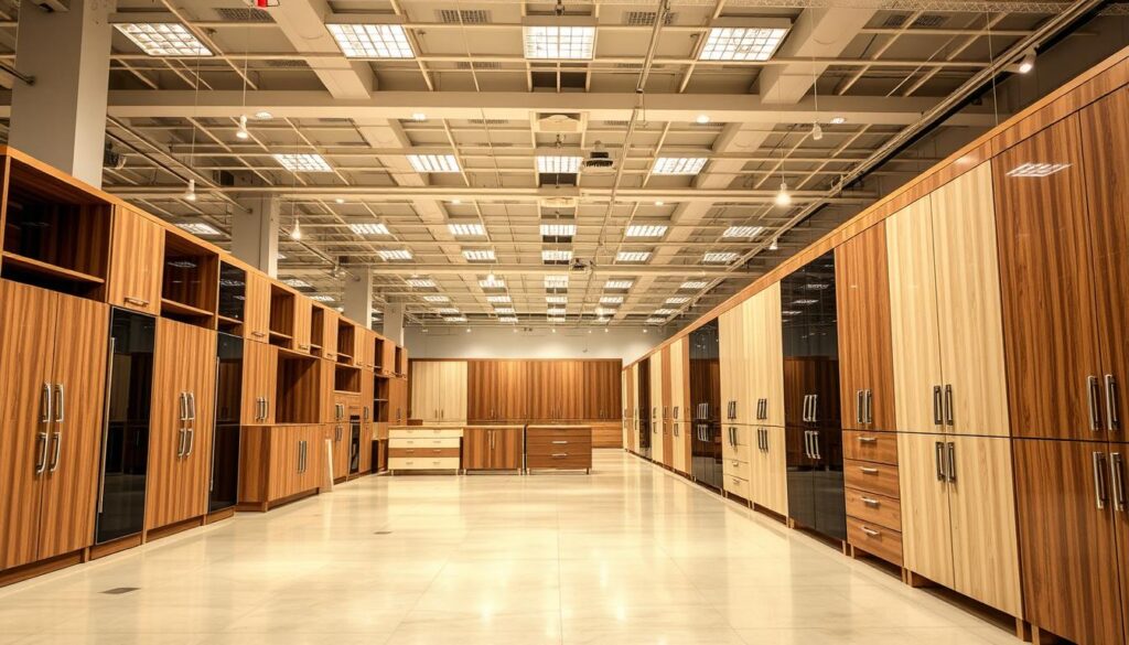 A well-lit, expansive showroom interior filled with a variety of modern, sleek storage cabinets arranged in neat rows. The cabinets are made of high-quality materials like wood and metal, with clean lines and minimalist designs. The lighting creates a warm, inviting atmosphere, highlighting the textures and finishes of the cabinets. The camera is positioned at a slight angle, capturing the depth and scale of the space, allowing the viewer to imagine the cost and rental options of these stylish storage solutions.