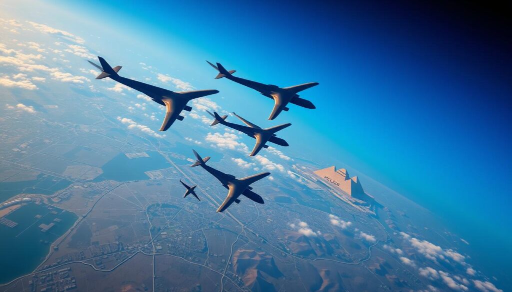 Aerial view of planes soaring over a map of Poland, casting shadows on the landscapes below. In the foreground, the silhouettes of several commercial airliners fly in a diagonal formation, their sleek wings cutting through the crisp, blue sky. In the middle ground, the distinct shapes of major Polish cities like Warsaw, Krakow, and Gdansk are visible, connected by winding roads and railway lines. In the background, the iconic pyramids and ancient monuments of Egypt come into focus, hinting at the final destination of these flights. The scene is illuminated by warm, golden lighting, creating a sense of adventure and anticipation for the journey ahead.