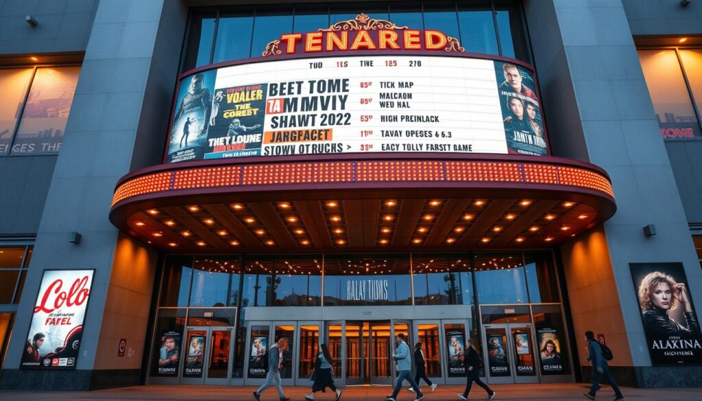a large movie theater marquee displaying a variety of movie titles and showtimes, set against a modern, sleek building façade with clean architectural lines and glass walls, illuminated by warm lighting creating a welcoming atmosphere, shot from a low angle to emphasize the scale and grandeur of the theater, with people walking in the foreground to convey a sense of activity and vibrancy