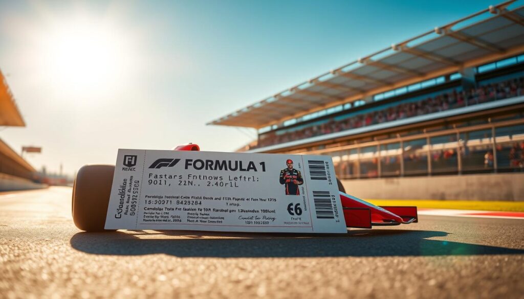 A Formula 1 racing ticket lying on a racetrack, the grandstand visible in the background. The ticket is crisp and detailed, with embossed lettering and a vibrant design. The racetrack is smooth and freshly paved, with concrete barriers lining the edges. Warm, golden sunlight filters through the atmosphere, casting a bright, energetic glow over the scene. The grandstand is filled with spectators, their silhouettes visible against the blue sky. The overall mood is one of anticipation and excitement, perfectly capturing the thrill of attending a live Formula 1 event.