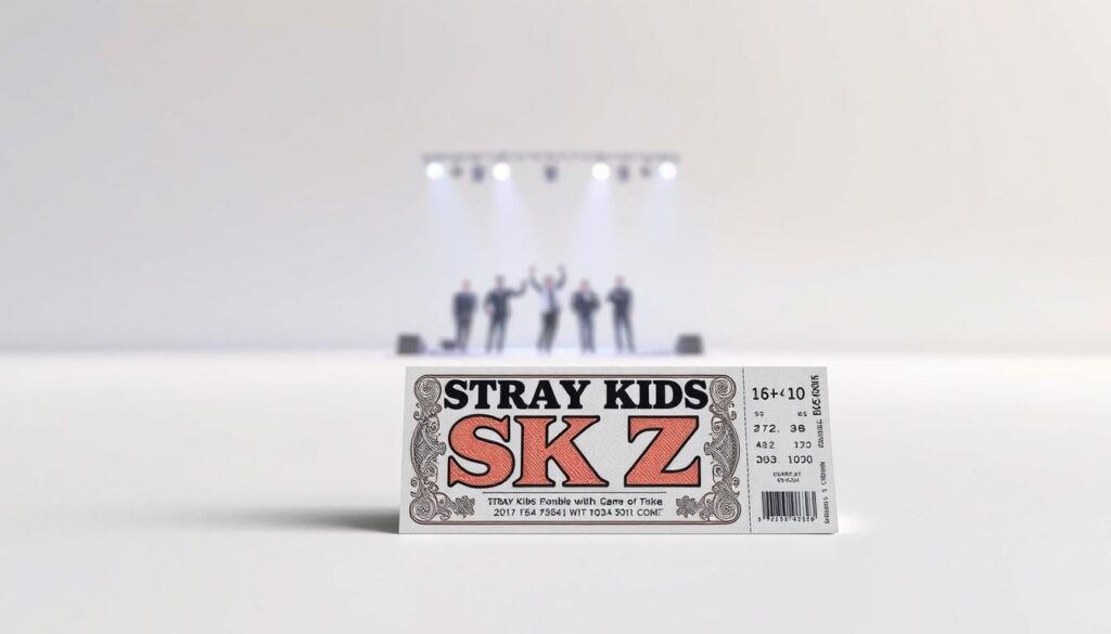 A beautifully designed concert ticket for the Stray Kids (SKZ) performance, displayed against a minimalist backdrop. The ticket is prominent in the foreground, with intricate patterns and colors that capture the youthful energy of the K-pop group. The middle ground features a slightly blurred stage or venue, hinting at the electrifying performance to come. The background is a soft, muted gradient, allowing the ticket to take center stage and convey a sense of anticipation and excitement. The overall composition is clean, balanced, and visually striking, reflecting the high-quality experience of purchasing a ticket for an SKZ concert. A beautifully designed concert ticket for the Stray Kids (SKZ) performance, displayed against a minimalist backdrop. The ticket is prominent in the foreground, with intricate patterns and colors that capture the youthful energy of the K-pop group. The middle ground features a slightly blurred stage or venue, hinting at the electrifying performance to come. The background is a soft, muted gradient, allowing the ticket to take center stage and convey a sense of anticipation and excitement. The overall composition is clean, balanced, and visually striking, reflecting the high-quality experience of purchasing a ticket for an SKZ concert.