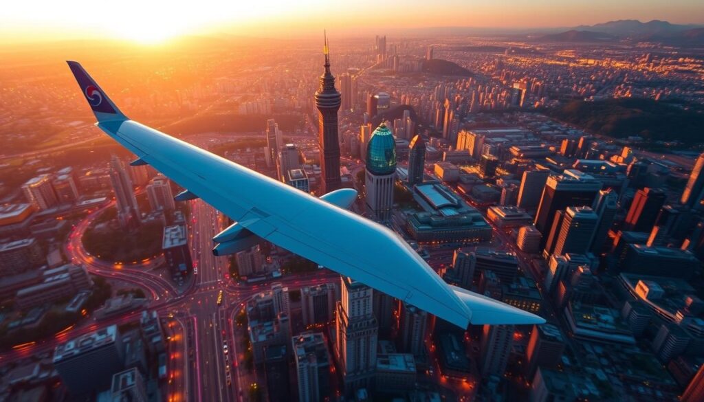 A breathtaking aerial view of Seoul, South Korea, captured during the most optimal travel season. The city skyline is bathed in warm, golden hues as the sun sets, casting a magical glow over the bustling streets and towering skyscrapers. In the foreground, a commercial airplane gracefully descends, its wings outstretched, ready to land at Incheon International Airport. The scene conveys the excitement and anticipation of arriving in this vibrant, culturally rich destination, highlighting the perfect timing for an unforgettable journey.