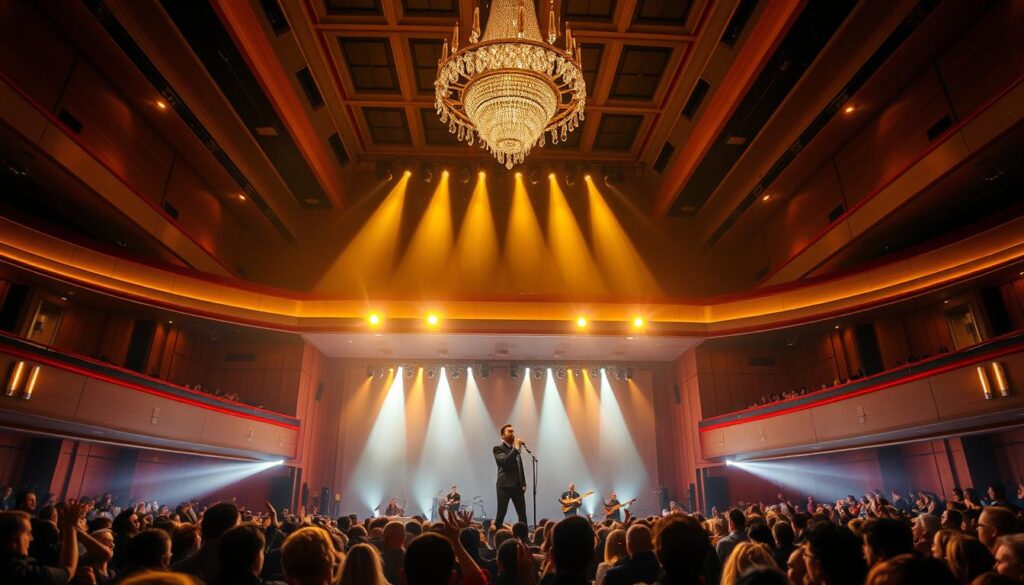 A breathtaking concert hall illuminated by warm, golden light, the stage adorned with sleek, modern fixtures. Skolim, the renowned Polish singer-songwriter, stands center stage, microphone in hand, captivating the audience with his soulful performance. The crowd, a sea of eager fans, sways in time with the music, their expressions a mix of joy and wonder. Surrounding the stage, plush, red velvet seats and elegant, wood-paneled walls evoke a sense of timeless elegance. Overhead, a grand, crystal chandelier casts a soft, ambient glow, enhancing the intimate, atmospheric ambiance. The scene exudes a palpable energy, a testament to Skolim's enduring talent and the deep connection he shares with his devoted followers. A breathtaking concert hall illuminated by warm, golden light, the stage adorned with sleek, modern fixtures. Skolim, the renowned Polish singer-songwriter, stands center stage, microphone in hand, captivating the audience with his soulful performance. The crowd, a sea of eager fans, sways in time with the music, their expressions a mix of joy and wonder. Surrounding the stage, plush, red velvet seats and elegant, wood-paneled walls evoke a sense of timeless elegance. Overhead, a grand, crystal chandelier casts a soft, ambient glow, enhancing the intimate, atmospheric ambiance. The scene exudes a palpable energy, a testament to Skolim's enduring talent and the deep connection he shares with his devoted followers.