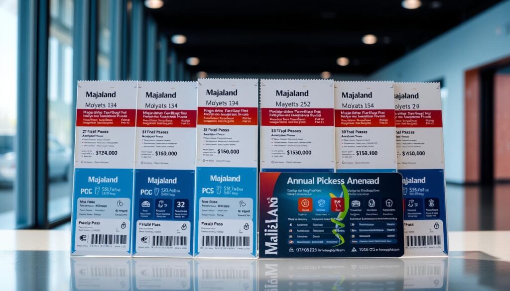 A brightly lit, crisp display of various Majaland ticket types, including single-entry passes and annual passes, set against a modern, minimalist backdrop. The tickets are showcased with clear pricing details and icons denoting the inclusions, such as park access, rides, and amenities. The composition emphasizes the variety of options available, creating a visually appealing and informative presentation that aligns with the article's subject and section title.