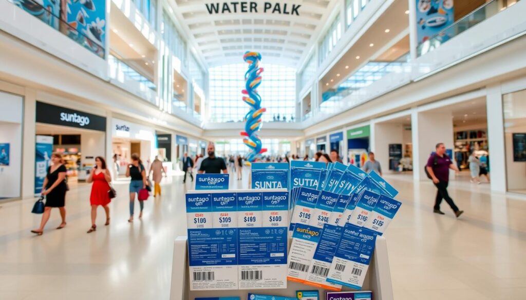 A brightly lit, modern shopping mall interior with a large, open central atrium. In the foreground, a prominent display featuring various "Suntago" branded tickets and passes, showcasing different promotional offers and discounted pricing. The tickets are arranged neatly on a sleek, minimalist display stand, with clear pricing information and eye-catching graphics. In the middle ground, shoppers can be seen walking through the mall, creating a sense of activity and energy. The background features high ceilings, natural light streaming in from large windows, and modern architectural elements that create a clean, upscale ambiance. The overall scene conveys a sense of convenience, accessibility, and the excitement of finding the best deals for the popular Suntago water park. A brightly lit, modern shopping mall interior with a large, open central atrium. In the foreground, a prominent display featuring various "Suntago" branded tickets and passes, showcasing different promotional offers and discounted pricing. The tickets are arranged neatly on a sleek, minimalist display stand, with clear pricing information and eye-catching graphics. In the middle ground, shoppers can be seen walking through the mall, creating a sense of activity and energy. The background features high ceilings, natural light streaming in from large windows, and modern architectural elements that create a clean, upscale ambiance. The overall scene conveys a sense of convenience, accessibility, and the excitement of finding the best deals for the popular Suntago water park.