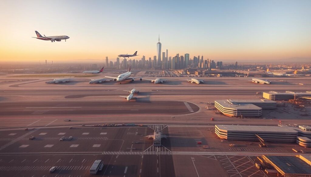 A bustling aerial view of New York City's major airports, including John F. Kennedy International Airport and LaGuardia Airport, with their sprawling runways, terminals, and surrounding cityscapes. The scene is bathed in soft, warm lighting, creating a serene and inviting atmosphere. In the foreground, several commercial airliners are seen taking off or landing, their silhouettes against the sky. The middle ground features the intricate network of taxiways and concourses, bustling with ground support vehicles and passengers. In the background, the iconic skyline of Manhattan rises majestically, its skyscrapers and landmarks creating a striking contrast. The overall composition conveys the excitement and connectivity of air travel, perfectly capturing the essence of the article's subject.