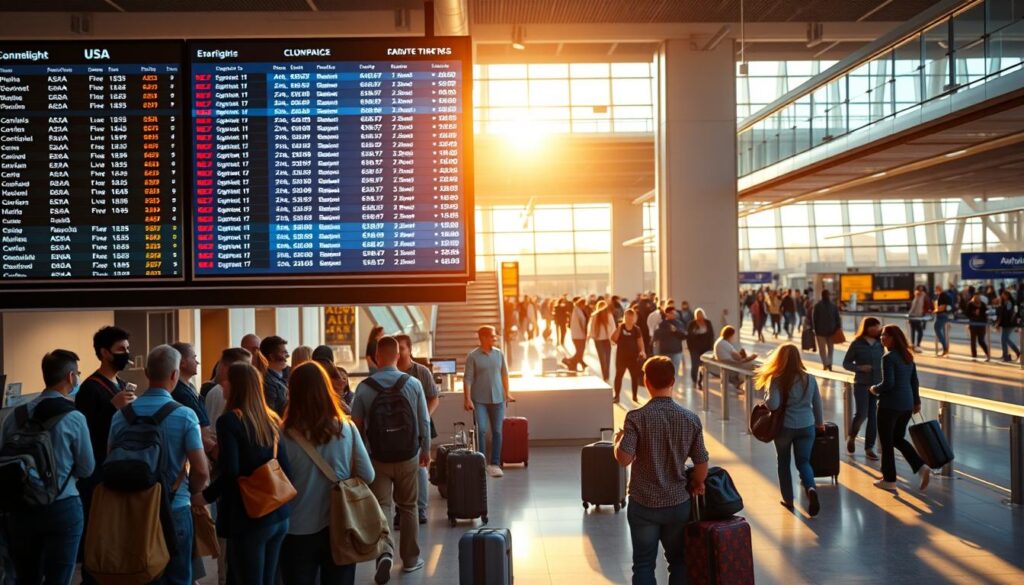 A bustling airport terminal, bathed in warm, natural lighting. In the foreground, a larger-than-life digital display board showcases a grid of flight routes and destinations, with "USA" prominently featured. Travelers huddle around the board, animatedly discussing flight options and comparing prices. In the middle ground, a sleek, modern ticketing counter with smiling agents assisting customers. The background is a panoramic view of the terminal, with people hurrying to and fro, their suitcases trailing behind them. An air of excitement and anticipation permeates the scene, hinting at the prospect of affordable, two-way journeys to the United States.