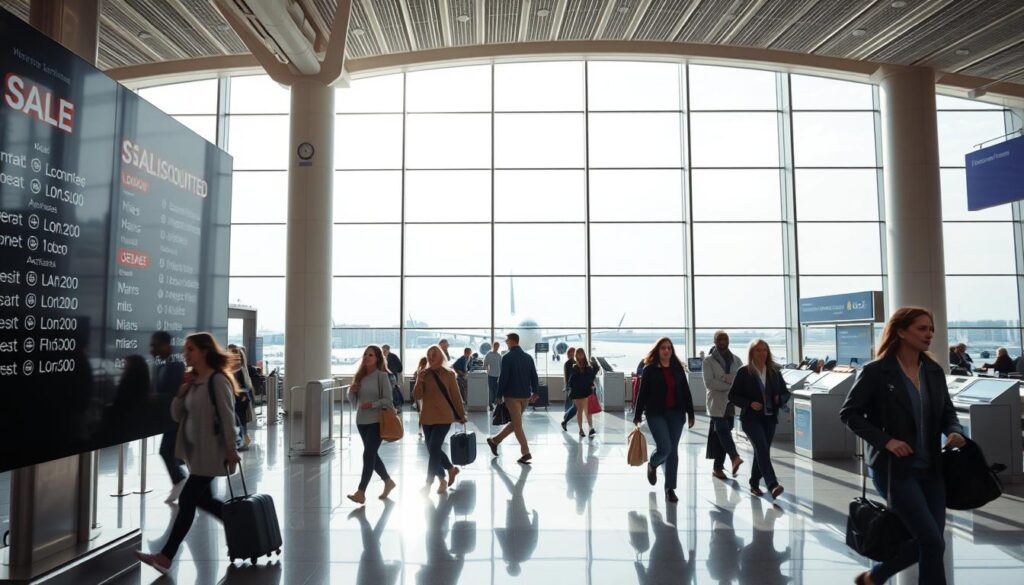 A bustling airport terminal, flooded with natural light from large windows. In the foreground, a digital display board showcases a series of "SALE" and "DISCOUNTED" tags overlaying flight destinations, including London. Travelers hurry past, their expressions a mix of excitement and anticipation. The middle ground features ticket counters and kiosks, staff members assisting customers. In the background, the sleek silhouettes of aircraft can be seen through the windows, hinting at the adventures awaiting. The overall atmosphere is one of energy and possibility, capturing the essence of finding great deals on flights to London. A bustling airport terminal, flooded with natural light from large windows. In the foreground, a digital display board showcases a series of "SALE" and "DISCOUNTED" tags overlaying flight destinations, including London. Travelers hurry past, their expressions a mix of excitement and anticipation. The middle ground features ticket counters and kiosks, staff members assisting customers. In the background, the sleek silhouettes of aircraft can be seen through the windows, hinting at the adventures awaiting. The overall atmosphere is one of energy and possibility, capturing the essence of finding great deals on flights to London.