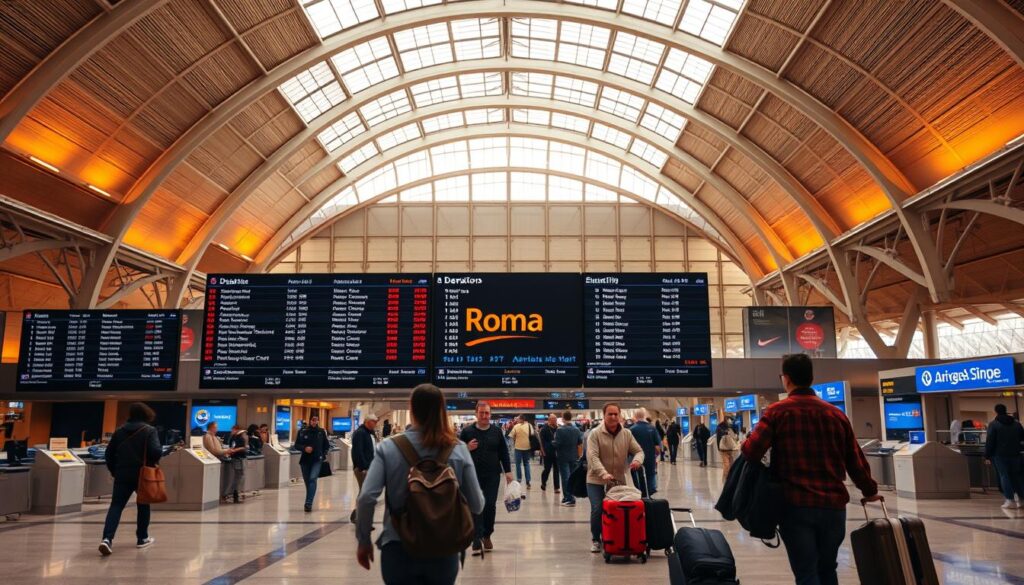 A bustling airport terminal with travelers hurrying through, their luggage in tow. Backlit by warm, golden-hued lighting, a large digital departure board displays the various flight destinations, including "Roma" in prominent lettering. In the foreground, a concourse lined with airline counters and ticket kiosks, where passengers queue to check in and board their flights to the Eternal City. Overhead, the vaulted glass ceiling allows natural light to filter in, creating a sense of openness and anticipation. The overall atmosphere conveys the excitement and preparation of embarking on a journey to Rome, the heart of the Italian peninsula.