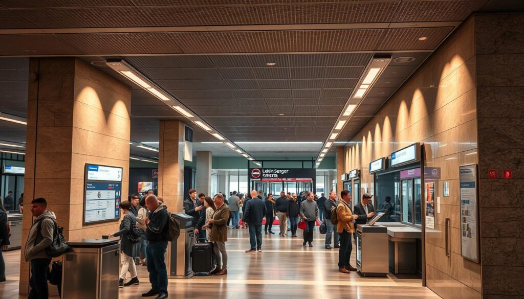 A bustling and well-organized ticketing area at the Lublin public transportation hub, with a sleek, modern design featuring clean lines and neutral tones. The space is bathed in warm, directional lighting that casts subtle shadows, creating a sense of depth and atmosphere. Crisp, high-resolution textures and materials, such as glass, metal, and stone, lend an air of professionalism and efficiency. The layout is intuitive, with clear signage and designated queues, guiding passengers smoothly through the process of purchasing tickets. The overall scene conveys a sense of functionality, accessibility, and a well-run public service.