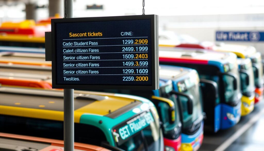 A bustling bus station with rows of colorful buses parked in the foreground, their doors open invitingly. In the middle ground, a digital display board showcases a variety of discounted ticket options, from student passes to senior citizen fares, all beckoning potential riders. The background is softly blurred, emphasizing the focus on the transportation services and the special offers available. The overall scene exudes a sense of accessibility and inclusivity, with the lighting and composition conveying a welcoming atmosphere for all travelers.