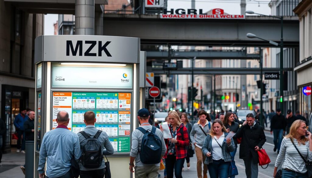 A bustling city street in Toruń, Poland, with a prominent kiosk or station selling MZK (Municipal Transportation System) tickets. The kiosk is well-lit, with a clear and inviting display of various ticket options, from single-ride to daily and weekly passes. Pedestrians are casually approaching the kiosk, some purchasing tickets, while others are consulting maps or schedules. The surrounding buildings and infrastructure suggest a vibrant urban environment, with a mix of modern and historic architecture. The overall scene conveys a sense of convenience and accessibility for those seeking to purchase MZK tickets, reflecting the "Gdzie kupić bilet MZK — sprzedaż papierowa i elektroniczna" section of the article. A bustling city street in Toruń, Poland, with a prominent kiosk or station selling MZK (Municipal Transportation System) tickets. The kiosk is well-lit, with a clear and inviting display of various ticket options, from single-ride to daily and weekly passes. Pedestrians are casually approaching the kiosk, some purchasing tickets, while others are consulting maps or schedules. The surrounding buildings and infrastructure suggest a vibrant urban environment, with a mix of modern and historic architecture. The overall scene conveys a sense of convenience and accessibility for those seeking to purchase MZK tickets, reflecting the "Gdzie kupić bilet MZK — sprzedaż papierowa i elektroniczna" section of the article.