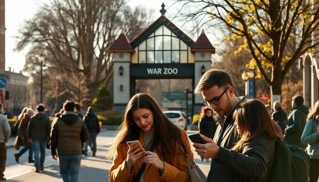 A bustling city street in Warsaw, with the iconic Warsaw Zoo entrance visible in the middle ground. The foreground features a group of people examining a mobile device, deep in discussion, while in the background, the zoo's distinctive architecture and landscaping create a welcoming atmosphere. Warm, natural lighting illuminates the scene, casting gentle shadows and highlighting the vibrant colors of the surroundings. The composition emphasizes the ease and convenience of purchasing discounted zoo tickets, inviting the viewer to imagine the affordable, accessible experience of visiting the Warsaw Zoo.
