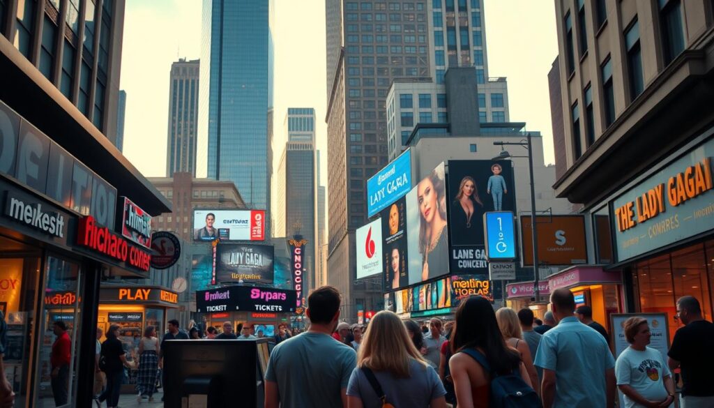 A bustling city street, the afternoon sun casting warm hues across the storefronts. In the foreground, a group of people gathered around a computer screen, intently discussing ticket purchase options for an upcoming Lady Gaga concert. The middle ground showcases a variety of ticket vendor kiosks, each with its own distinct branding and offers. In the background, towering skyscrapers and neon signs add to the dynamic urban atmosphere. The scene conveys a sense of excitement and anticipation, with the goal of guiding the viewer to the best channels for securing coveted Lady Gaga tickets without overpaying.