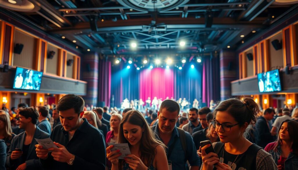 A bustling concert venue, illuminated by warm stage lights and filled with anticipation. In the foreground, a group of concertgoers are examining their tickets, their expressions a mix of excitement and concentration. The middle ground showcases the venue's interior, with plush seating and elegant decor, hinting at the high-quality experience awaiting the audience. In the background, the stage stands ready, its curtains drawn, creating a sense of mystery and anticipation. The overall atmosphere is one of vibrant energy and the thrill of a live performance, inviting the viewer to imagine the sights and sounds of the upcoming event. A bustling concert venue, illuminated by warm stage lights and filled with anticipation. In the foreground, a group of concertgoers are examining their tickets, their expressions a mix of excitement and concentration. The middle ground showcases the venue's interior, with plush seating and elegant decor, hinting at the high-quality experience awaiting the audience. In the background, the stage stands ready, its curtains drawn, creating a sense of mystery and anticipation. The overall atmosphere is one of vibrant energy and the thrill of a live performance, inviting the viewer to imagine the sights and sounds of the upcoming event.