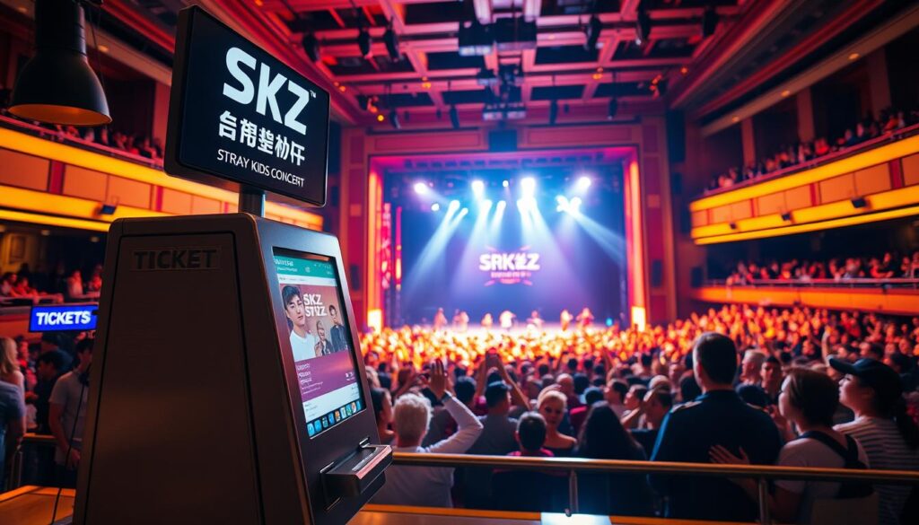 A bustling concert venue, the stage illuminated by warm, focused lighting. In the foreground, a sleek, modern ticketing kiosk stands ready to dispense concert passes. Detailed signage above the kiosk clearly displays the event information - "SKZ (Stray Kids) Concert". The middle ground features a vibrant crowd of excited fans, their faces filled with anticipation. In the background, the venue's grand architecture and lively atmosphere set the scene. The overall composition conveys the excitement and accessibility of purchasing tickets for this highly anticipated musical performance. A bustling concert venue, the stage illuminated by warm, focused lighting. In the foreground, a sleek, modern ticketing kiosk stands ready to dispense concert passes. Detailed signage above the kiosk clearly displays the event information - "SKZ (Stray Kids) Concert". The middle ground features a vibrant crowd of excited fans, their faces filled with anticipation. In the background, the venue's grand architecture and lively atmosphere set the scene. The overall composition conveys the excitement and accessibility of purchasing tickets for this highly anticipated musical performance.