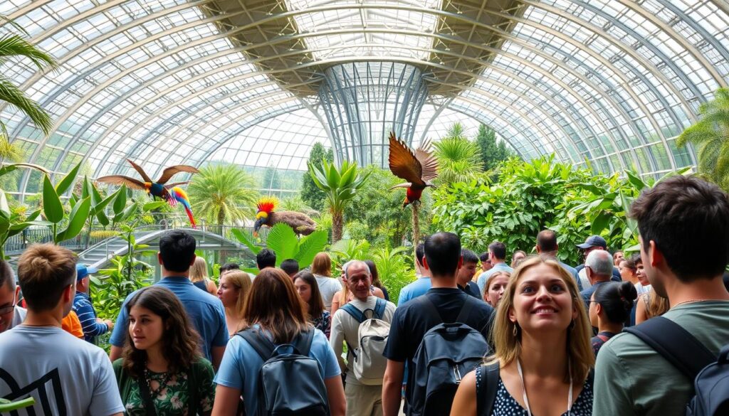 A bustling scene at the Orientarium, a vibrant outdoor exhibit at the Łódź Zoo. In the foreground, visitors marvel at the diverse array of tropical plants and animals, their expressions of wonder captured in a crisp, natural light. The middle ground showcases the stunning architectural features of the Orientarium, with its intricate glass-and-steel structures framing the verdant landscapes. In the background, the lush, verdant foliage sets the stage, creating a sense of immersion in a thriving, biologically diverse ecosystem. The overall atmosphere is one of discovery and excitement, as guests explore the wonders of the natural world within this captivating, state-of-the-art exhibition space.