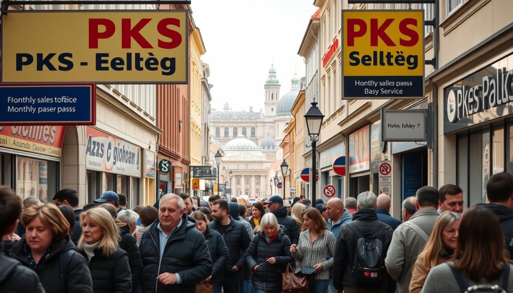 A bustling street scene in Elbląg, Poland, with prominent signage displaying "PKS Elbląg" (Elbląg Regional Bus Service) and various ticket sales offices. The foreground features people of diverse ages and backgrounds queuing patiently to purchase monthly bus passes, their expressions conveying a sense of purpose and practicality. The middle ground showcases the façades of local businesses, their signage and architectural details reflecting the city's vibrant character. In the background, the skyline is dotted with the spires and domes of historic buildings, creating a picturesque backdrop. The overall lighting is soft and natural, with a warm, inviting atmosphere that sets the scene for the practical and essential task of purchasing a monthly bus pass.