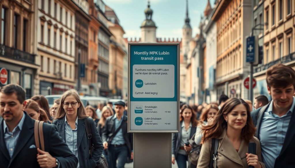 A bustling urban scene with a focus on a prominent sign or display showcasing the purchase options for a monthly MPK Lublin transit pass. The foreground should feature well-dressed commuters moving through a busy intersection, their expressions indicating a sense of purpose and efficiency. The middle ground should emphasize the signage or kiosk where the passes can be obtained, with clear visual cues to guide the viewer. The background should depict the distinctive architecture and landmarks of Lublin, creating a sense of place and context. Lighting should be natural and warm, conveying a sense of a vibrant, thriving city. The overall mood should be one of convenience, accessibility, and the seamless integration of public transportation into the daily lives of the city's residents.
