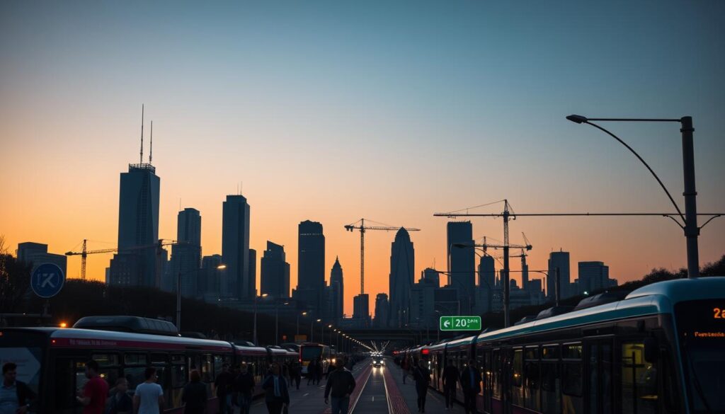 A city skyline at dusk, with the silhouettes of tall buildings and cranes against a warm, orange-hued sky. In the foreground, a public transit hub bustles with activity - commuters hurry to board buses and trams, their movements illuminated by the soft glow of streetlights. The scene conveys a sense of urban dynamism and the constant flux of transportation networks. Subtle details like fare signs and ticket machines suggest the focus on the topic of public transit tariffs. The overall atmosphere is one of transition and change, hinting at the transformations shaping the city's transportation landscape.