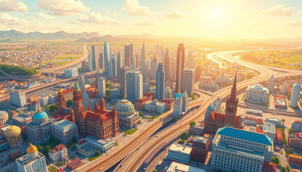 A cityscape of Smolasty's tour locations, depicted in a detailed and vibrant illustration. The foreground showcases the main cities, with their distinctive architectural landmarks and skylines. The midground features transportation infrastructure like roads, railways, and airports, connecting the cities. The background depicts the natural landscapes and regional features surrounding the urban centers. The lighting is warm and inviting, creating an atmospheric and celebratory mood. The composition is balanced, guiding the viewer's eye through the different layers of the illustration. The overall scene conveys the scope and scale of Smolasty's upcoming tour, highlighting the diverse destinations he will visit. A cityscape of Smolasty's tour locations, depicted in a detailed and vibrant illustration. The foreground showcases the main cities, with their distinctive architectural landmarks and skylines. The midground features transportation infrastructure like roads, railways, and airports, connecting the cities. The background depicts the natural landscapes and regional features surrounding the urban centers. The lighting is warm and inviting, creating an atmospheric and celebratory mood. The composition is balanced, guiding the viewer's eye through the different layers of the illustration. The overall scene conveys the scope and scale of Smolasty's upcoming tour, highlighting the diverse destinations he will visit.