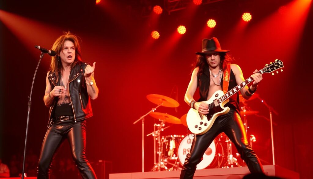 A classic rock concert scene with the iconic Guns N' Roses lineup on stage, basked in warm stage lighting. The lead singer, Axl Rose, commands the spotlight, his powerful vocals echoing through the arena. Guitarist Slash shreds a searing solo, his fingers dancing across the fretboard as the crowd erupts in cheers. Behind them, the rhythm section of Duff McKagan on bass and Steven Adler on drums drive the thunderous performance. The image captures the energy, passion, and historical significance of a Guns N' Roses live show, transporting the viewer back to the band's heyday in the late 80s and early 90s. A classic rock concert scene with the iconic Guns N' Roses lineup on stage, basked in warm stage lighting. The lead singer, Axl Rose, commands the spotlight, his powerful vocals echoing through the arena. Guitarist Slash shreds a searing solo, his fingers dancing across the fretboard as the crowd erupts in cheers. Behind them, the rhythm section of Duff McKagan on bass and Steven Adler on drums drive the thunderous performance. The image captures the energy, passion, and historical significance of a Guns N' Roses live show, transporting the viewer back to the band's heyday in the late 80s and early 90s.