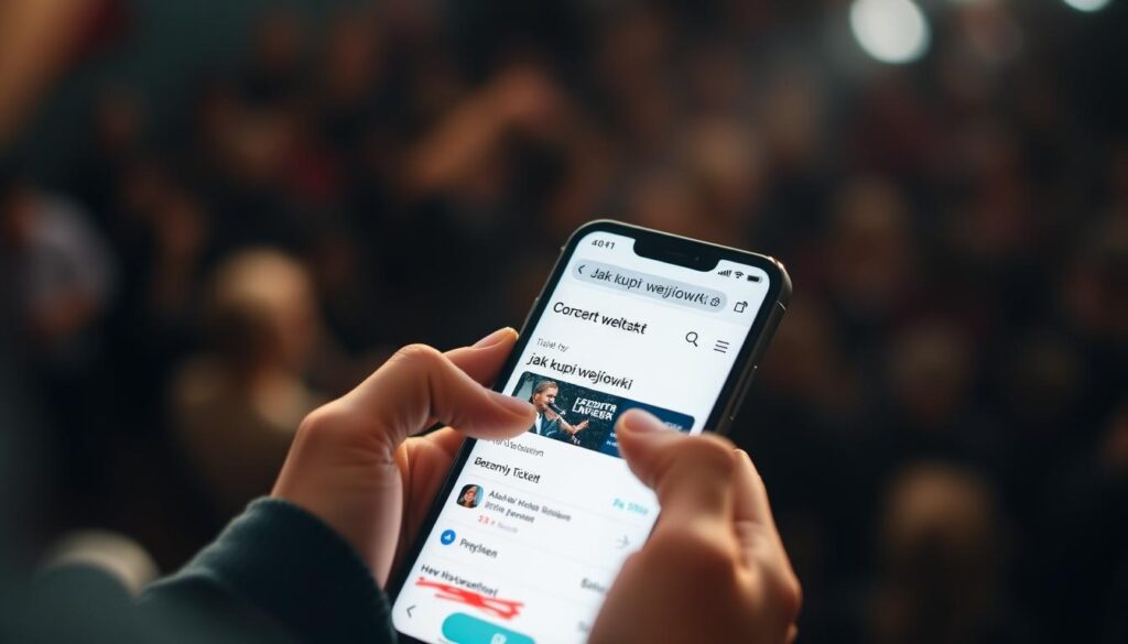 A close-up view of a person's hands using a mobile phone to purchase concert tickets on an e-commerce website, with the screen displaying the "jak kupić wejściówkę" ("how to buy a ticket") page. The foreground focuses on the hands interacting with the phone, while the background is blurred, creating a sense of immersion and attention on the task at hand. The lighting is soft and diffused, creating a warm, inviting atmosphere. The angle is slightly elevated, giving the viewer a bird's-eye perspective on the process, making it feel accessible and easy to follow.