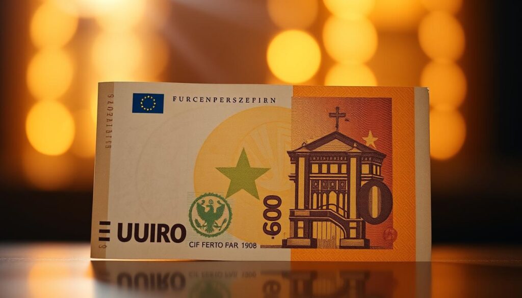 A closeup view of a European Union euro banknote, backlit by warm, golden lighting. The bill is centered in the frame, with a crisp, detailed texture showcasing the intricate security features and design elements. The background is slightly blurred, creating a sense of depth and focus on the subject. The image conveys a sense of value, authority, and the significance of the euro currency.