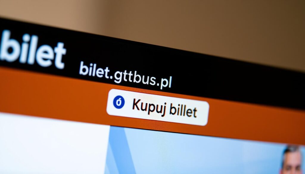 A closeup view of a computer screen displaying the website "bilet.gtvbus.pl" with a focus on the "Kupuj bilet" button. The screen is well-lit, with a warm, inviting color palette. The background is blurred, emphasizing the centrality of the website interface. The perspective is slightly angled, creating a sense of depth and drawing the viewer's attention to the key elements. The overall mood is one of simplicity and ease of use, reflecting the straightforward process of purchasing a GTV Bus ticket online.