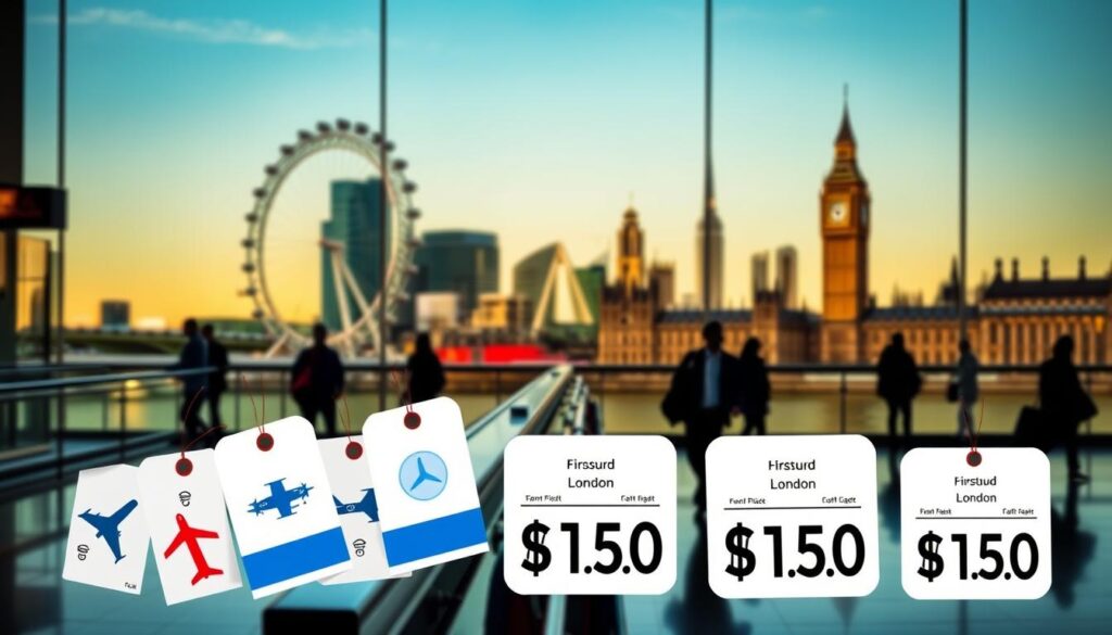 A comparison of flight ticket prices to London, showcased against a backdrop of the iconic city skyline. The foreground features various airline logos and price tags, meticulously arranged to illustrate the variance in fares. The middle ground depicts a sleek, modern airport terminal, with travelers hurrying through the concourse. The background showcases the stunning silhouette of the London Eye, Big Ben, and other recognizable landmarks, bathed in a warm, golden light. The overall scene conveys a sense of anticipation and the thrill of planning a trip to the vibrant, cosmopolitan city of London.