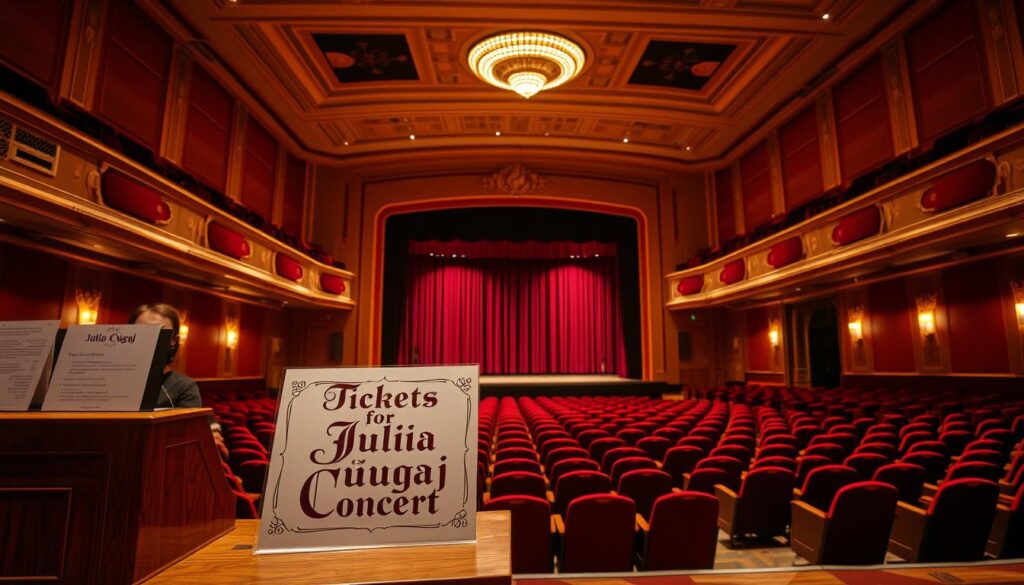 A concert hall interior with warm, golden lighting casting a soft glow across the elegant, high-ceilinged space. In the foreground, a wooden box office counter with a sign displaying "Tickets for Julia Żugaj Concert" in ornate calligraphy. Behind the counter, a friendly ticket seller awaits patrons. The middle ground features plush, red velvet seats arranged in neat rows, creating an air of anticipation. The background showcases the stage, shrouded in a dramatic curtain, hinting at the performance to come. The overall atmosphere evokes a sense of refined sophistication and musical excitement.