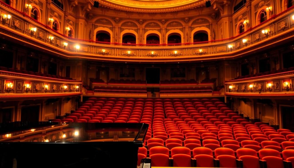 A concert hall interior with warm, golden lighting illuminating the stage. In the foreground, a grand piano stands ready, its glossy black surface reflecting the anticipation of the performance to come. The middle ground features tiered rows of plush, velvet-cushioned seats, awaiting the arrival of the audience. In the background, the ornate architectural details of the venue create a sense of grandeur and elegance. The atmosphere is one of hushed anticipation, as if the air itself is holding its breath, eager for the maestro Andrea Bocelli to take the stage and captivate the audience with his sublime vocals.