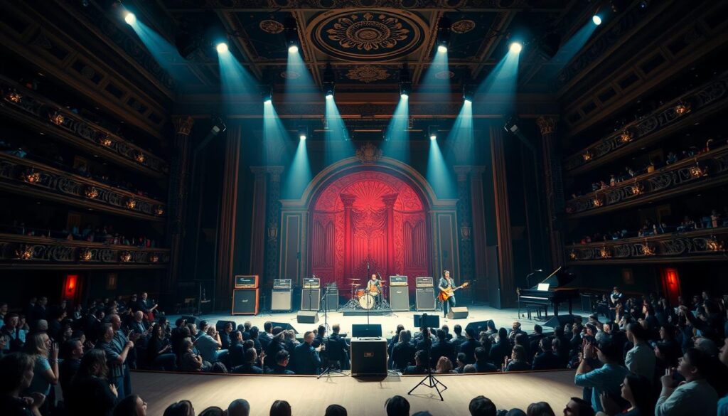 A concert hall stage with spotlights illuminating a microphone stand and amplifiers, surrounded by a crowd of people in the audience. The stage is set with musical instruments, including guitars, drums, and a grand piano, creating an atmosphere of an upcoming Skolim concert. The auditorium has an elegant, ornate design with intricate architectural details, reflecting the prestige and grandeur of the event. The lighting casts dramatic shadows, adding depth and a sense of anticipation. The prompt should convey the factors that influence the ticket price, such as the venue, production costs, artist's popularity, and demand from the audience. A concert hall stage with spotlights illuminating a microphone stand and amplifiers, surrounded by a crowd of people in the audience. The stage is set with musical instruments, including guitars, drums, and a grand piano, creating an atmosphere of an upcoming Skolim concert. The auditorium has an elegant, ornate design with intricate architectural details, reflecting the prestige and grandeur of the event. The lighting casts dramatic shadows, adding depth and a sense of anticipation. The prompt should convey the factors that influence the ticket price, such as the venue, production costs, artist's popularity, and demand from the audience.