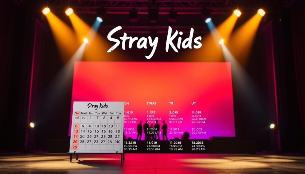 A concert schedule backdrop featuring the Stray Kids logo against a sleek, modern stage setting. The foreground showcases a clean, minimalist calendar display with upcoming tour dates and event details. Warm stage lighting illuminates the scene, creating a sense of energy and anticipation. The middle ground features subtle silhouettes of the band members, hinting at their dynamic live performances. The background blends a gradient of vibrant colors, alluding to the group's colorful and youthful aesthetic. The overall composition conveys a professional, visually striking representation of the Stray Kids concert schedule.