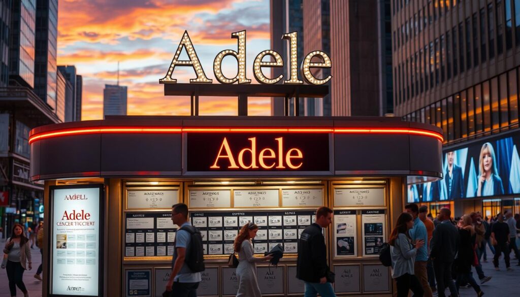 A concert ticket booth with a prominent "Adele" logo, illuminated by warm, inviting lighting. The booth is situated in a bustling city plaza, with pedestrians passing by in the middle ground. In the background, glimpses of skyscrapers and a vibrant, evening skyline set the scene. The ticket booth is well-stocked, with various seating options and pricing tiers clearly displayed. The overall atmosphere conveys the excitement and anticipation of attending an Adele concert. A concert ticket booth with a prominent "Adele" logo, illuminated by warm, inviting lighting. The booth is situated in a bustling city plaza, with pedestrians passing by in the middle ground. In the background, glimpses of skyscrapers and a vibrant, evening skyline set the scene. The ticket booth is well-stocked, with various seating options and pricing tiers clearly displayed. The overall atmosphere conveys the excitement and anticipation of attending an Adele concert.