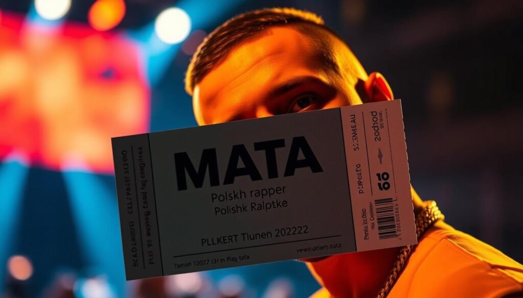 A concert ticket for the Polish rapper Mata's 2022 performance, with a clean, modern design featuring a close-up of Mata's face against a blurred background of a concert venue. The lighting is warm and dramatic, casting shadows and highlights across Mata's features. The ticket design is sleek and minimalist, with clear information about the event details. The overall mood is one of anticipation and excitement for the upcoming show.