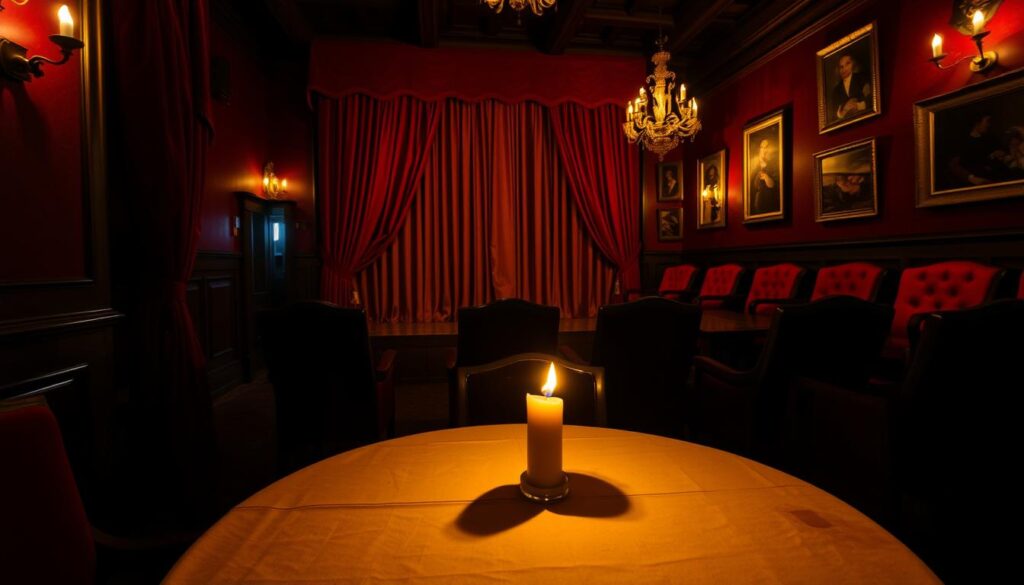 A cozy, dimly lit cabaret interior in Koszalin, Poland. In the foreground, a small wooden table with a single candle flickering, casting warm shadows on the linen tablecloth. The middle ground features a stage draped in rich velvet curtains, awaiting the evening's performance. The background is filled with plush red upholstered chairs, and the walls are adorned with ornate sconces and framed artwork, creating an intimate, old-world atmosphere. The lighting is soft and atmospheric, with pools of light and shadow highlighting the textures and details of the space. The overall mood is one of anticipation and sophistication, inviting the viewer to imagine the delightful entertainment and company that awaits. A cozy, dimly lit cabaret interior in Koszalin, Poland. In the foreground, a small wooden table with a single candle flickering, casting warm shadows on the linen tablecloth. The middle ground features a stage draped in rich velvet curtains, awaiting the evening's performance. The background is filled with plush red upholstered chairs, and the walls are adorned with ornate sconces and framed artwork, creating an intimate, old-world atmosphere. The lighting is soft and atmospheric, with pools of light and shadow highlighting the textures and details of the space. The overall mood is one of anticipation and sophistication, inviting the viewer to imagine the delightful entertainment and company that awaits.