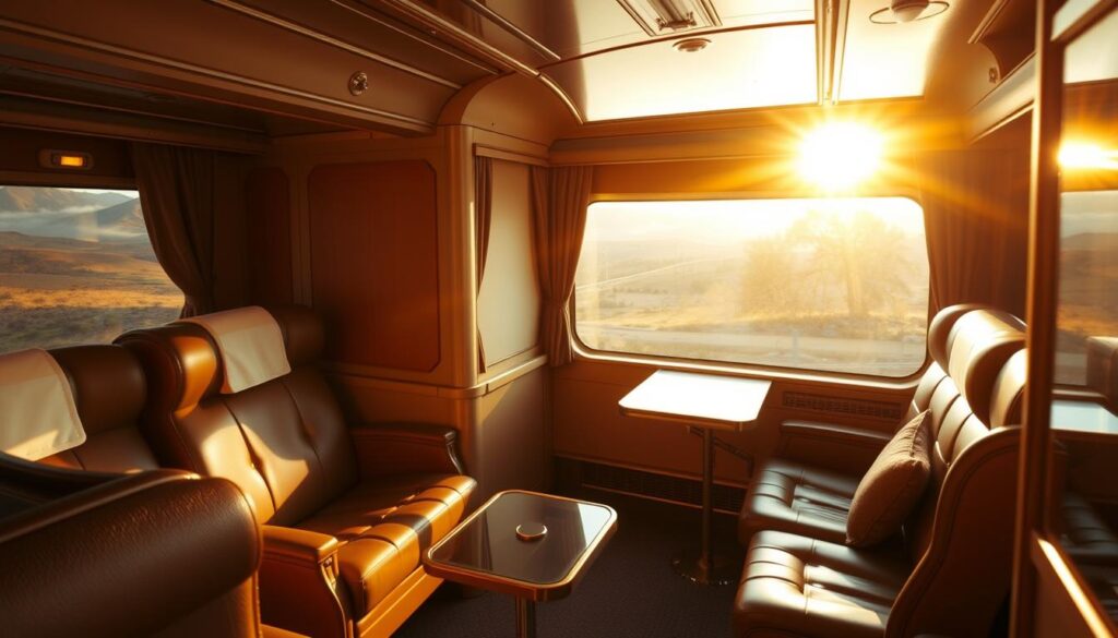 A cozy, first-class train cabin bathed in warm, golden lighting, with plush leather seats, a small table, and a panoramic window offering a picturesque view of rolling hills and a distant horizon. Soft, muted colors create a serene, relaxing atmosphere, while carefully selected decor and furnishings suggest a high level of comfort and attention to detail. The cabin is sparsely occupied, conveying a sense of privacy and tranquility, perfect for an enjoyable, stress-free journey. The overall scene evokes a feeling of luxurious, yet practical, travel experience. A cozy, first-class train cabin bathed in warm, golden lighting, with plush leather seats, a small table, and a panoramic window offering a picturesque view of rolling hills and a distant horizon. Soft, muted colors create a serene, relaxing atmosphere, while carefully selected decor and furnishings suggest a high level of comfort and attention to detail. The cabin is sparsely occupied, conveying a sense of privacy and tranquility, perfect for an enjoyable, stress-free journey. The overall scene evokes a feeling of luxurious, yet practical, travel experience.