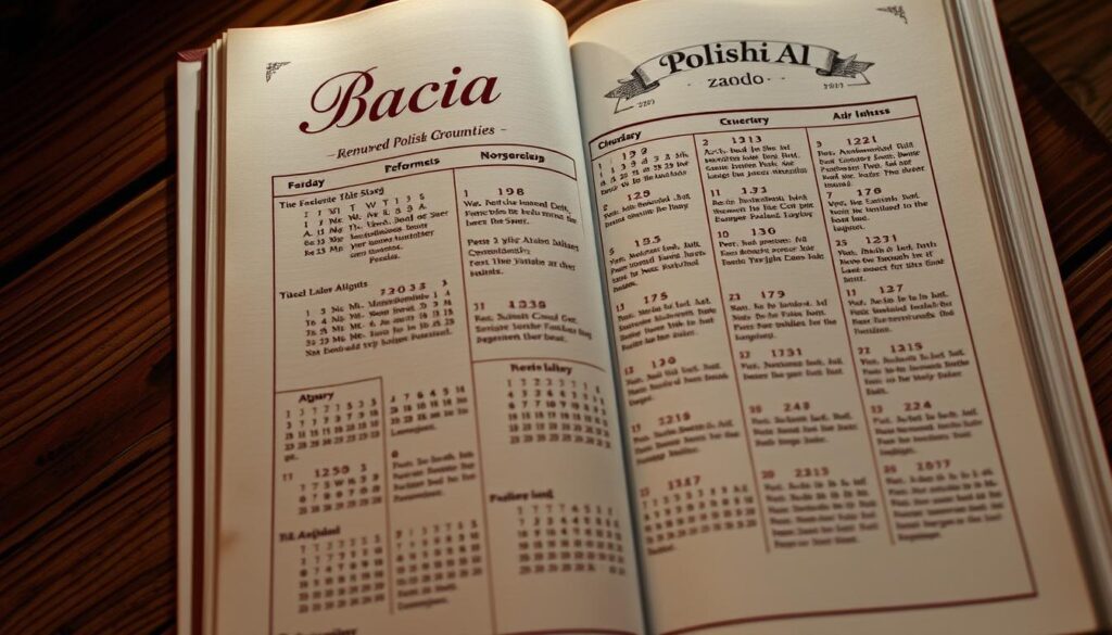 A detailed calendar showcasing the upcoming performances of the renowned Polish folk band Bacia. The calendar is displayed on a traditional wooden surface, with a warm, inviting lighting illuminating the page. The dates are neatly organized, featuring elegant typography that complements the rustic aesthetic. The background features a subtle pattern, hinting at the rich cultural heritage that inspires the band's music. The overall composition conveys a sense of anticipation and excitement for the band's captivating live shows.