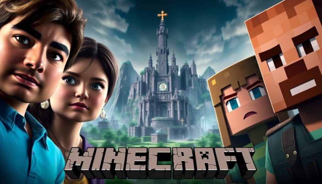 A detailed cast portrait of the stars of the upcoming Minecraft film, set against a cinematic backdrop. In the foreground, the main actors are posed with confident, charismatic expressions, their costumes and makeup authentically capturing the visual style of the game. The middle ground features a slightly blurred, imaginative Minecraft landscape, with blocky trees, mountains, and a towering castle in the distance. Dramatic, moody lighting casts dramatic shadows, evoking the high-stakes adventure of the narrative. The overall tone is one of anticipation and wonder, hinting at the epic scale and faithful adaptation of the beloved game.