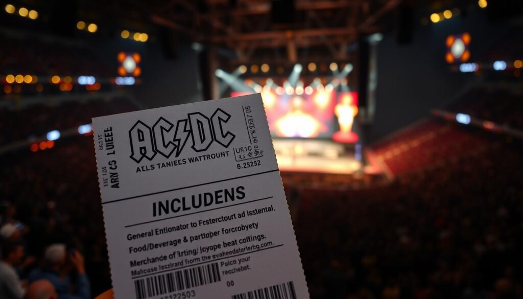 A detailed concert ticket for an AC/DC performance, showcasing the various inclusions and perks. The foreground features the ticket itself, prominently displaying the band's iconic logo and event details. The middle ground reveals the various benefits, such as access to the general admission area, merchandise offerings, and food/beverage options. In the background, a dimly lit arena setting with the stage and crowd creates an immersive atmosphere, capturing the energy and excitement of an AC/DC concert. Soft, warm lighting illuminates the scene, evoking the anticipation and enthusiasm of the event. The overall composition conveys the comprehensive experience a concertgoer can expect when purchasing an AC/DC ticket.