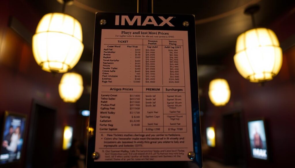A detailed, glossy price list for IMAX movie tickets, neatly displayed against a dimly lit theater lobby backdrop. The list showcases various ticket types, including adult, child, and senior pricing, as well as any premium or surcharge fees. The lighting is warm and inviting, creating a sense of anticipation for the cinematic experience. The layout is clean and organized, with a focus on legibility and ease of understanding the pricing structure. The overall atmosphere conveys the high-quality, immersive nature of the IMAX experience, hinting at the value and exclusivity that justifies the increased ticket costs.