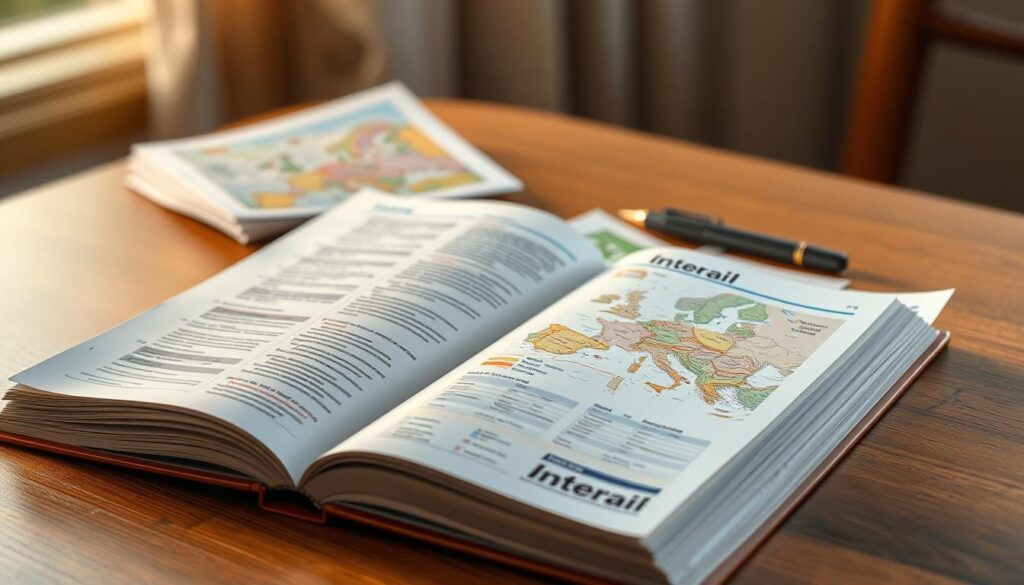 A detailed guidebook open on a wooden table, showcasing train tickets, a map of Europe, and a pen. The lighting is warm and natural, with a soft focus on the foreground. The background is blurred, creating a cozy, intimate atmosphere suitable for planning an Interrail journey. The guidebook features information on Interrail passes, route planning, and travel tips, reflecting the article's focus on understanding the Interrail system and how to use it effectively. A detailed guidebook open on a wooden table, showcasing train tickets, a map of Europe, and a pen. The lighting is warm and natural, with a soft focus on the foreground. The background is blurred, creating a cozy, intimate atmosphere suitable for planning an Interrail journey. The guidebook features information on Interrail passes, route planning, and travel tips, reflecting the article's focus on understanding the Interrail system and how to use it effectively.