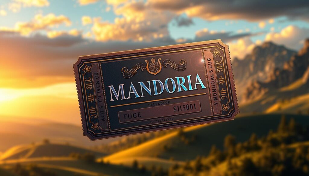 A detailed, high-resolution digital illustration of a ticket for the fictional location of Mandoria. The ticket is centered in the frame, made of thick, premium card stock with intricate foil embossing and holographic details. It features the Mandorian crest and a prominent price display. The background is a blurred, atmospheric scene of a lush, fantastical landscape with rolling hills, towering mountains, and a dramatic sky. Warm, diffused lighting casts a golden glow across the entire composition, creating a sense of grandeur and wonder. The overall mood is one of high-quality, premium adventure and escapism. A detailed, high-resolution digital illustration of a ticket for the fictional location of Mandoria. The ticket is centered in the frame, made of thick, premium card stock with intricate foil embossing and holographic details. It features the Mandorian crest and a prominent price display. The background is a blurred, atmospheric scene of a lush, fantastical landscape with rolling hills, towering mountains, and a dramatic sky. Warm, diffused lighting casts a golden glow across the entire composition, creating a sense of grandeur and wonder. The overall mood is one of high-quality, premium adventure and escapism.