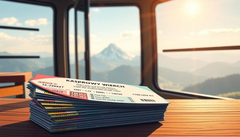 A detailed illustration of the "Kasprowy Wierch" cable car tickets, showcasing the various types of passes and discounts available. The image should feature a stack of colorful paper tickets in the foreground, with the iconic Tatra mountain peak visible in the distant background through a panoramic window. The lighting should be warm and natural, highlighting the textural details of the tickets. The composition should convey a sense of accessibility and convenience, reflecting the accessibility of the cable car service. The overall mood should be one of anticipation and excitement for the mountain adventure ahead. A detailed illustration of the "Kasprowy Wierch" cable car tickets, showcasing the various types of passes and discounts available. The image should feature a stack of colorful paper tickets in the foreground, with the iconic Tatra mountain peak visible in the distant background through a panoramic window. The lighting should be warm and natural, highlighting the textural details of the tickets. The composition should convey a sense of accessibility and convenience, reflecting the accessibility of the cable car service. The overall mood should be one of anticipation and excitement for the mountain adventure ahead.