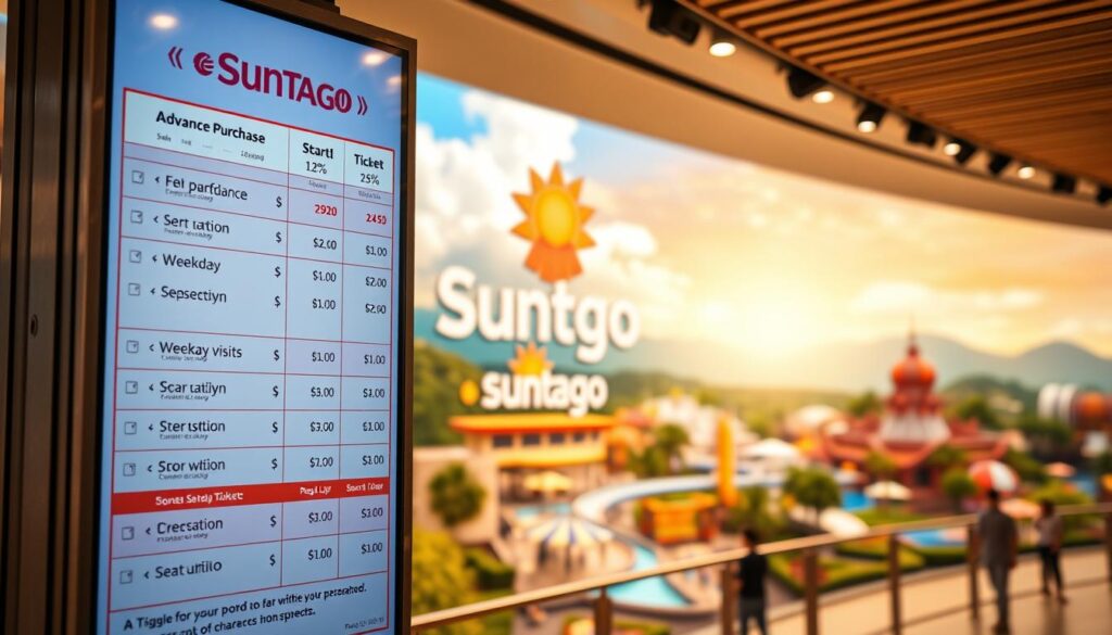 A detailed, multi-layered scene depicting the ticket pricing structure for the Suntago entertainment complex. In the foreground, a large digital display shows a well-organized grid of pricing options, with clear labels indicating discounts for advance purchase and weekday visits. The middle ground features a stylized representation of the Suntago logo and branding, conveying the high-quality, modern aesthetic of the venue. The background showcases an impressionistic landscape of the Suntago theme park, with vibrant colors and a sense of excitement and adventure. Lighting is warm and inviting, creating a welcoming atmosphere. The overall composition highlights the transparency and flexibility of the Suntago ticketing system, allowing visitors to easily plan their visit and budget accordingly. A detailed, multi-layered scene depicting the ticket pricing structure for the Suntago entertainment complex. In the foreground, a large digital display shows a well-organized grid of pricing options, with clear labels indicating discounts for advance purchase and weekday visits. The middle ground features a stylized representation of the Suntago logo and branding, conveying the high-quality, modern aesthetic of the venue. The background showcases an impressionistic landscape of the Suntago theme park, with vibrant colors and a sense of excitement and adventure. Lighting is warm and inviting, creating a welcoming atmosphere. The overall composition highlights the transparency and flexibility of the Suntago ticketing system, allowing visitors to easily plan their visit and budget accordingly.